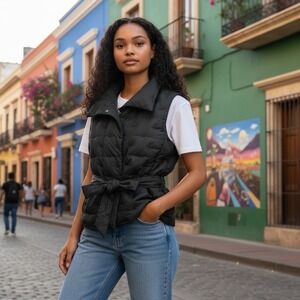 Talbots Women's Quilted Down Puffer Vest Jacket Coat Tie Waist Black Size Small